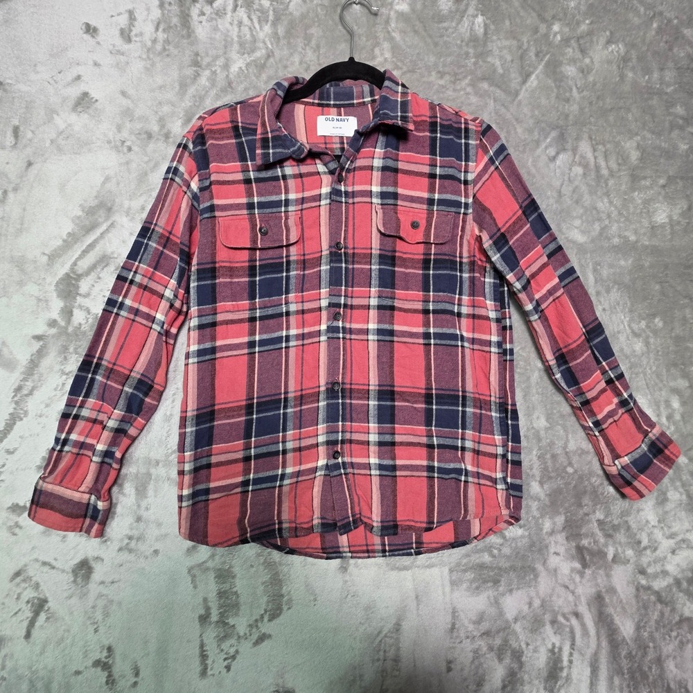 Old Navy Kids XL 14-16 Pink Navy Blue Plaid Flannel Button Down Shirt